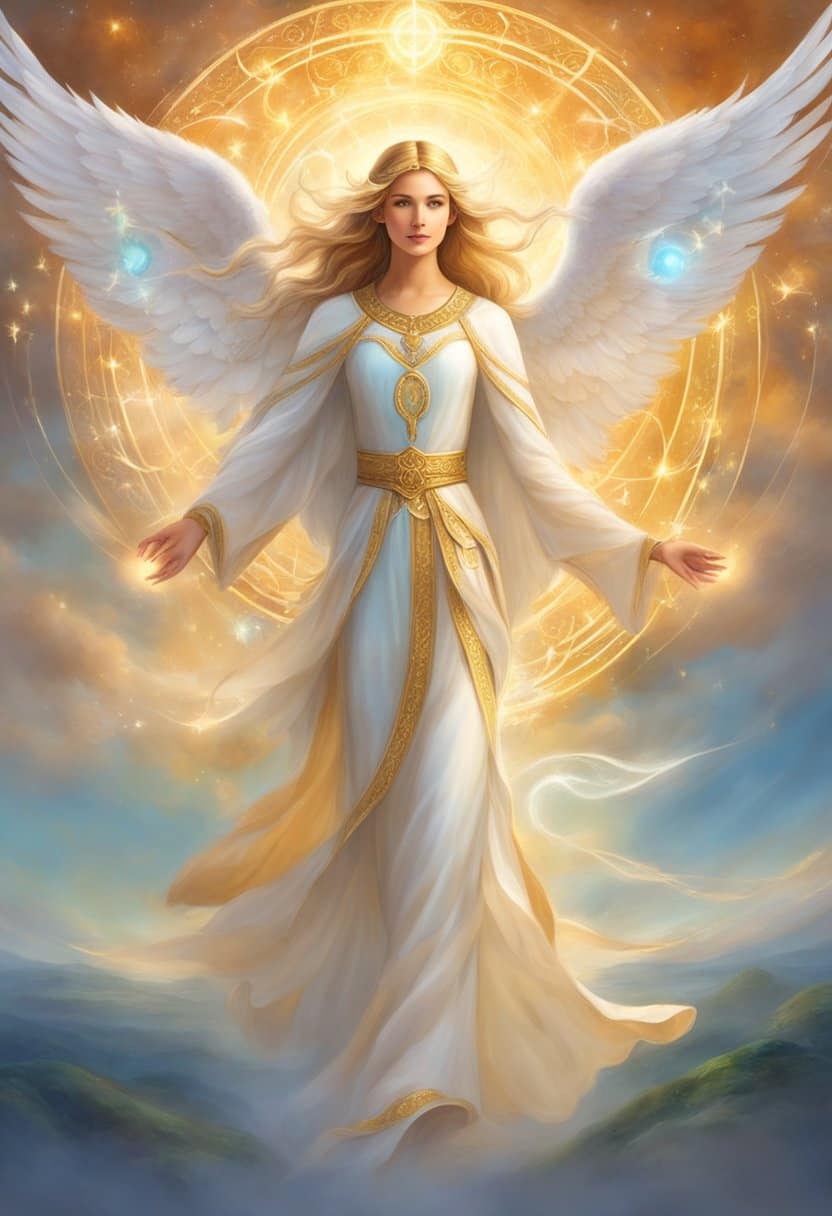 A glowing angelic figure hovers over a serene landscape, surrounded by symbols of guidance and spiritual enlightenment