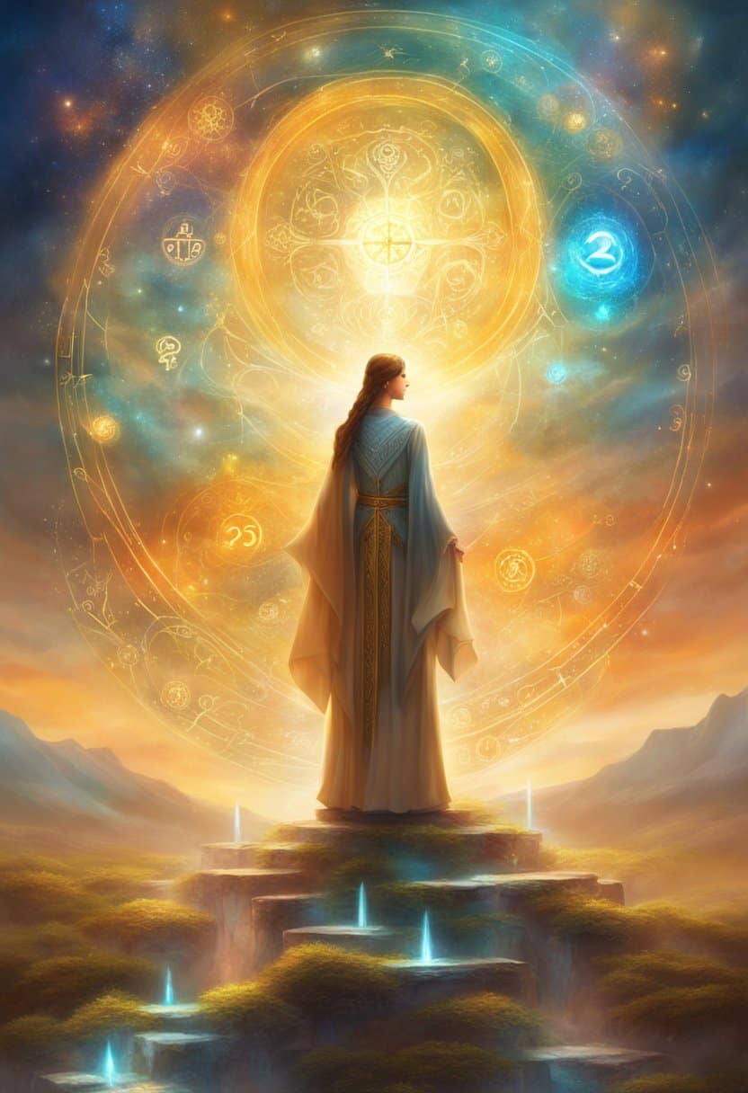 A figure stands at a crossroads, surrounded by symbols of personal and career growth. A bright light shines from the number 2332, illuminating the path ahead