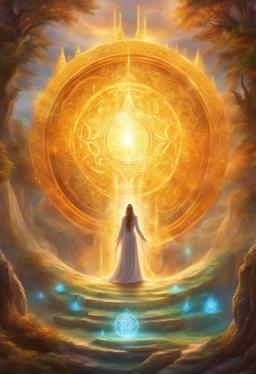 A radiant figure stands before a glowing portal, surrounded by swirling numbers and symbols. The number 955 shines brightly, emanating a sense of wisdom and understanding