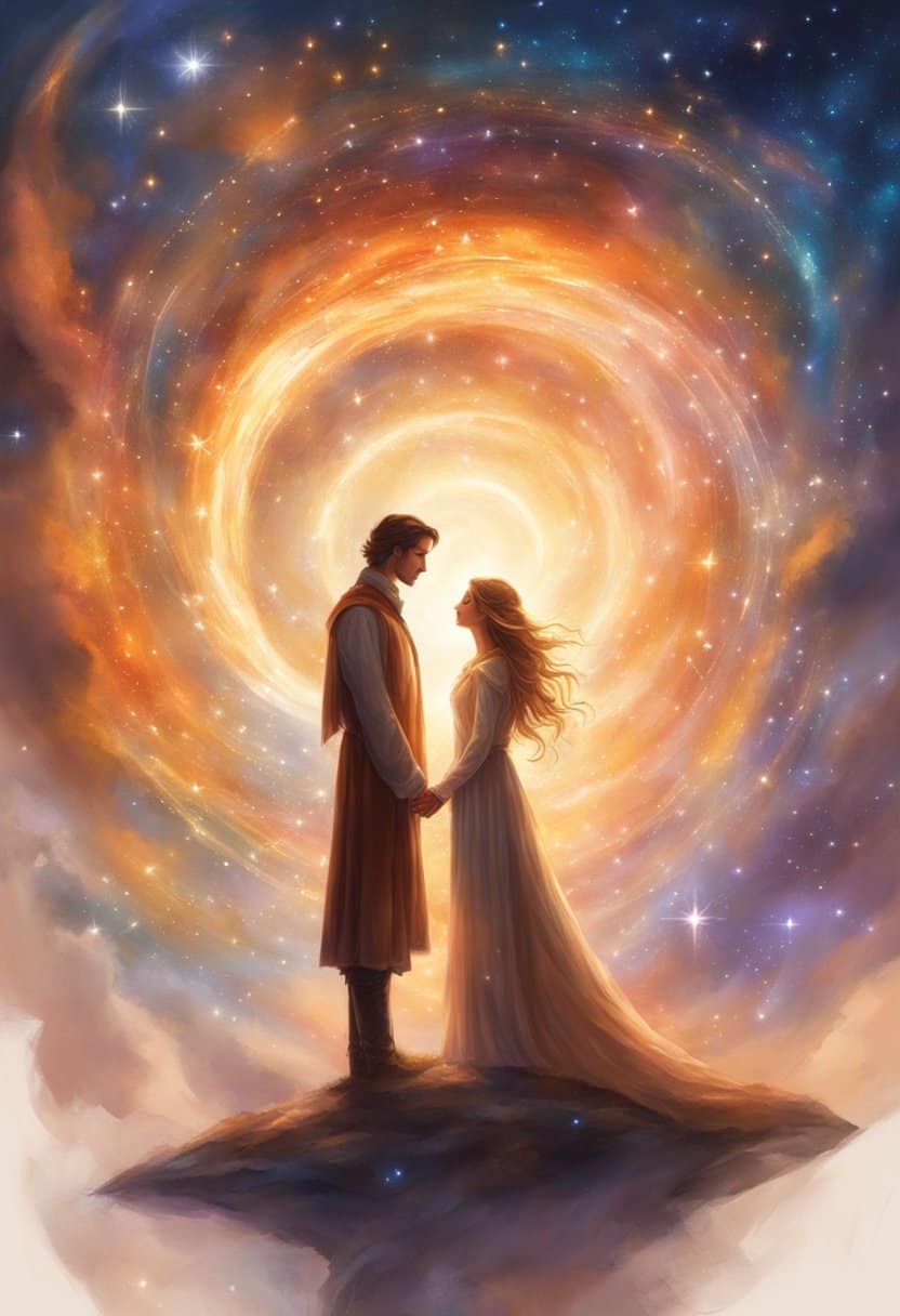 A couple stands under a starry sky, surrounded by the numbers 955 glowing in the air, symbolizing their harmonious and transformative relationship