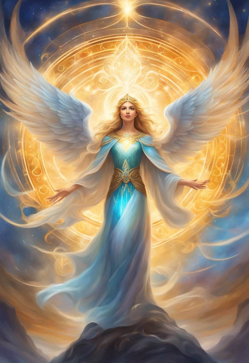 A glowing angelic figure hovers above a person, surrounded by swirling energy and symbols representing personal growth