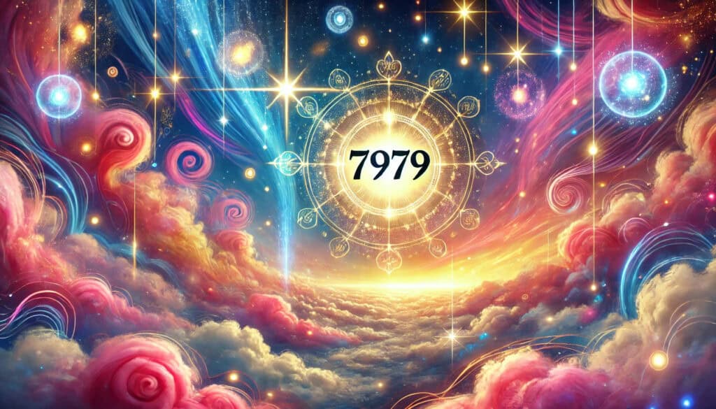 "Angel Number 7979: Unlocking Positive Energy and Transformation," with the number "7979" prominently displayed. The scene is vibrant and uplifting, featuring celestial elements like glowing lights, stars, and ethereal clouds, conveying a sense of positive energy, guidance, and spiritual transformation.