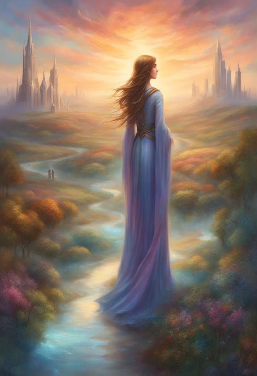 A figure stands at a crossroads, one path leading to a bustling cityscape and the other to a tranquil countryside. The figure appears contemplative, with a sense of determination and purpose