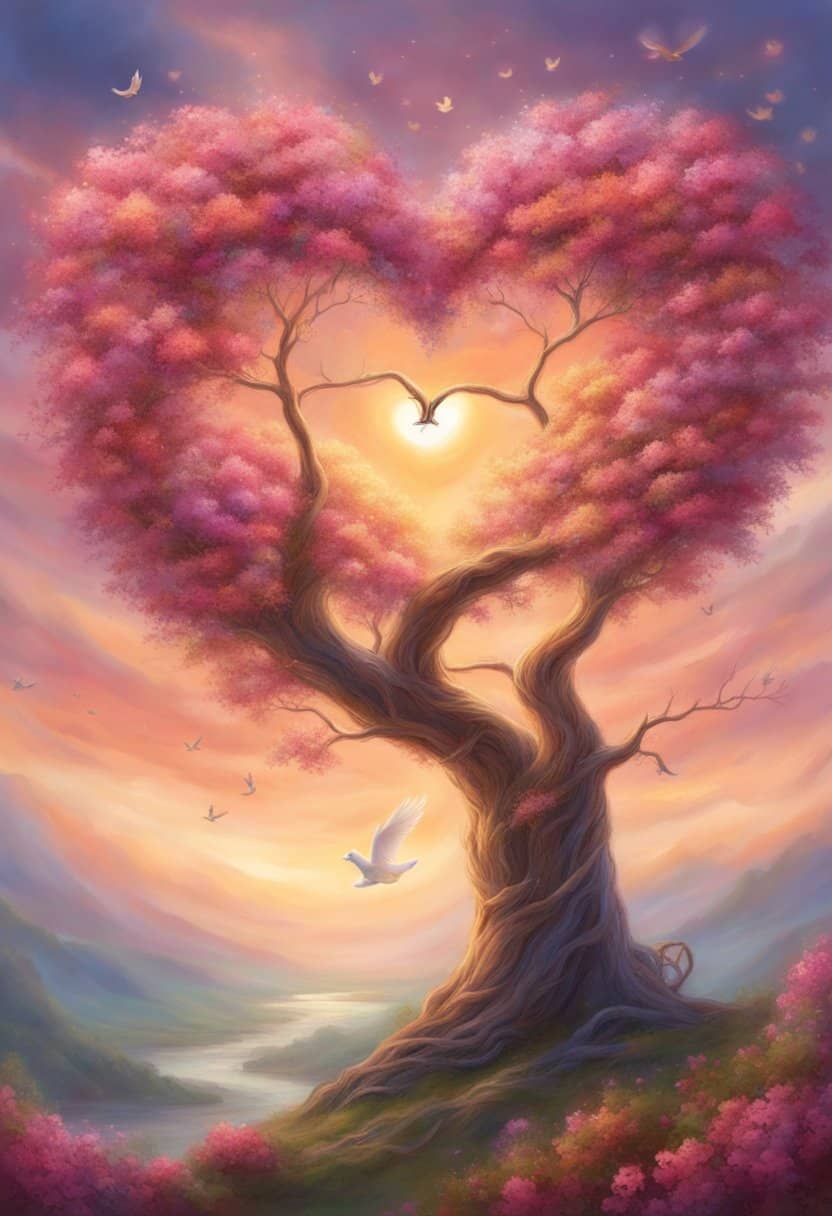 A heart-shaped tree with intertwined branches, surrounded by blooming flowers, and a pair of doves flying overhead