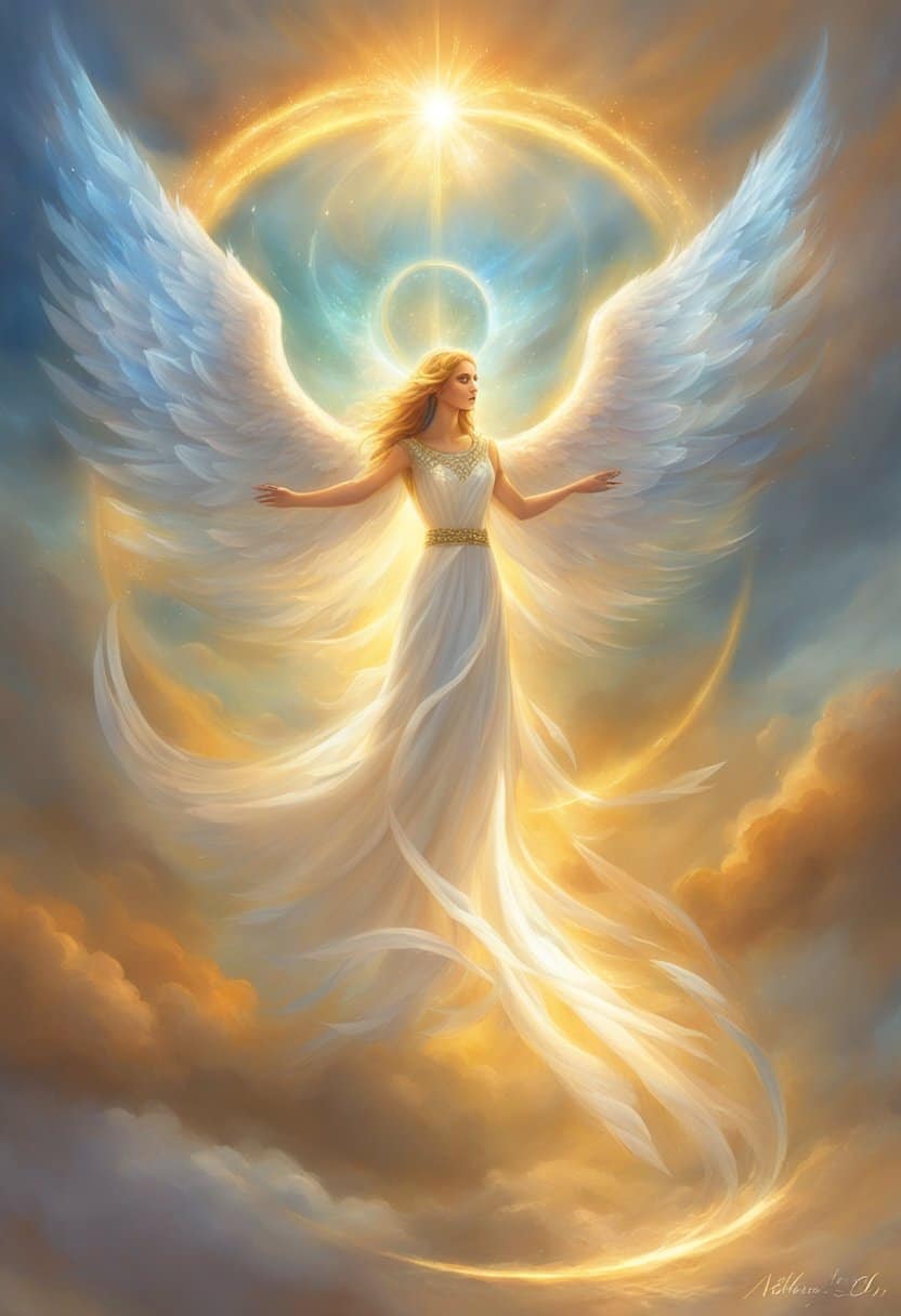 A glowing halo of light surrounds the numbers 9 and 3, with angelic wings extending from each digit. The numbers appear to be floating in the air, radiating a sense of divine significance