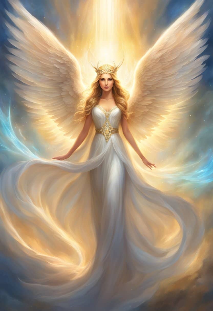 A glowing halo of light surrounds the number 933, with angelic wings extending from either side, emanating a sense of divine guidance and protection