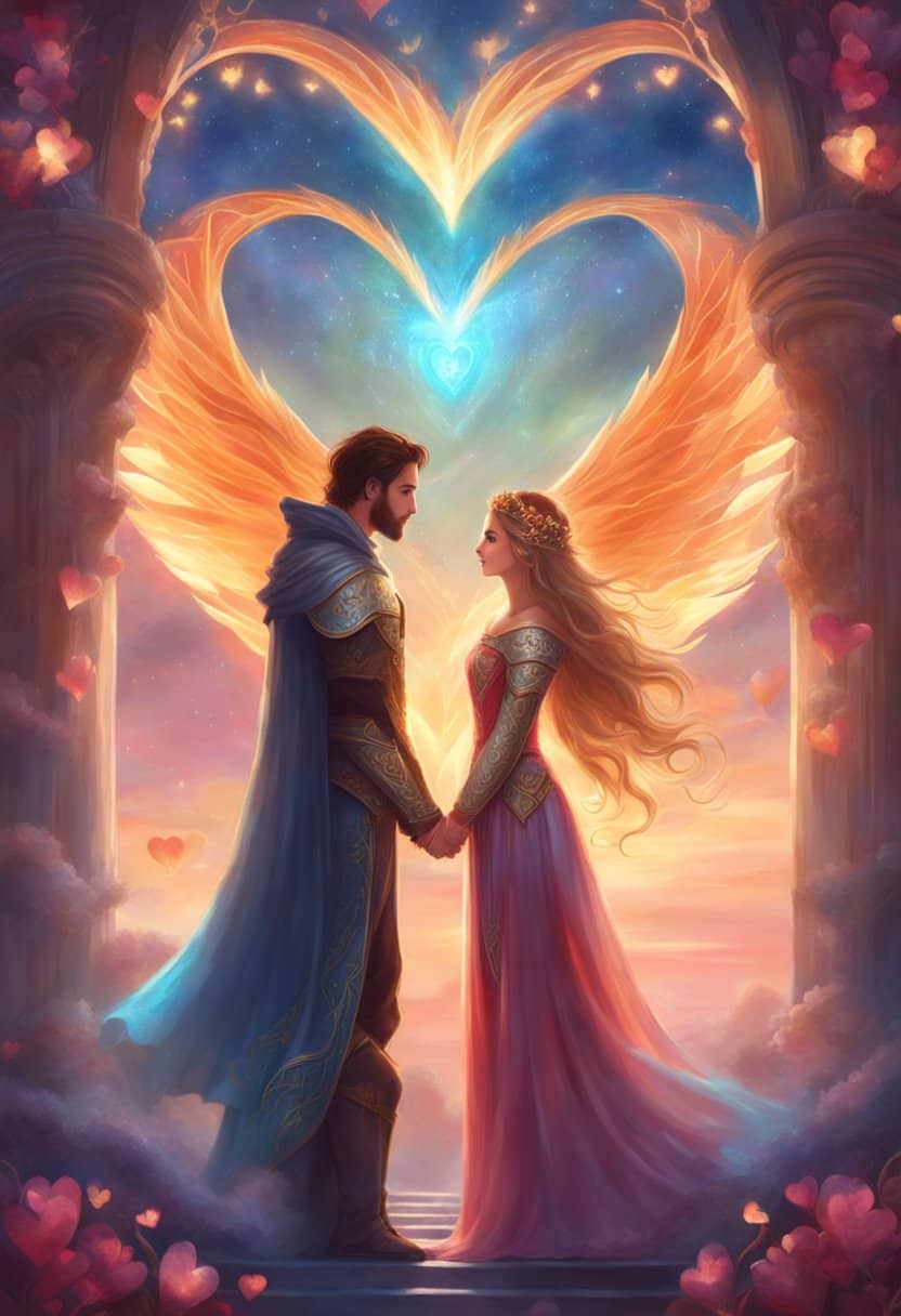 A couple stands under a glowing 933, surrounded by hearts and a feeling of love and connection