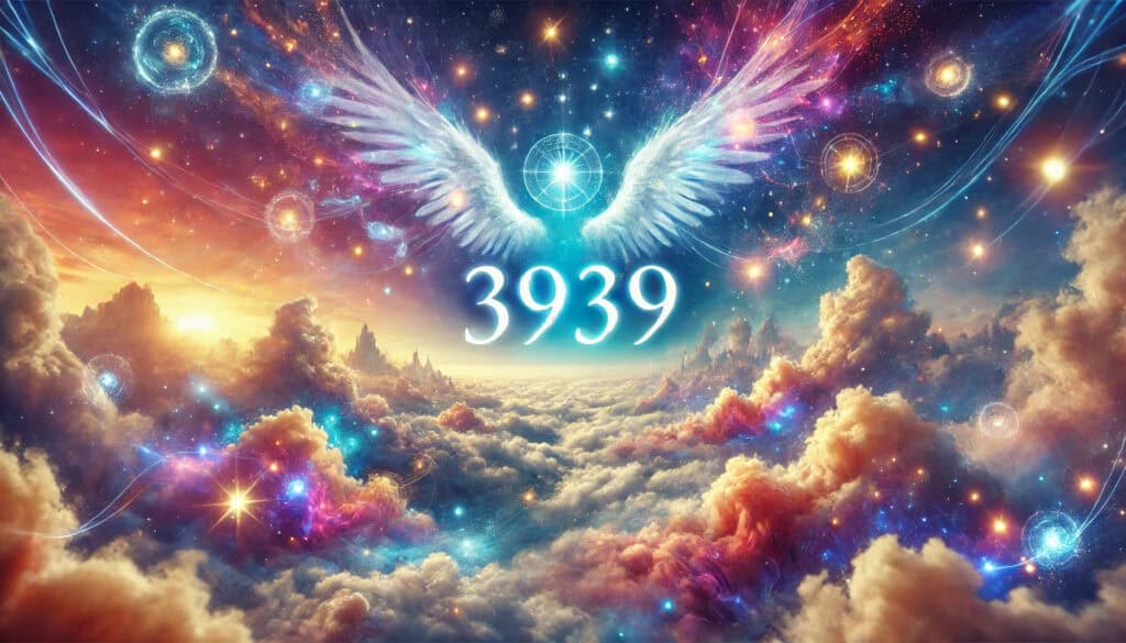 "Angel Number 3939: Embrace Positive Change and Spiritual Growth," with the number "3939" prominently displayed. The scene is vibrant and uplifting, featuring celestial elements like glowing lights, stars, and ethereal clouds, conveying a sense of positive change, guidance, and spiritual growth.