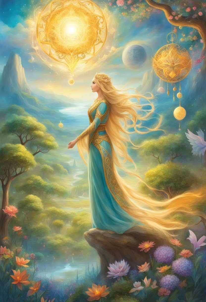 A bright, celestial figure hovers over a peaceful landscape, surrounded by symbols of growth and harmony