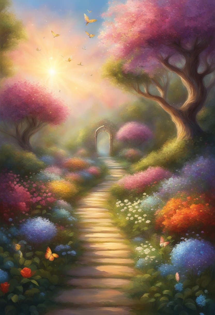 A serene garden with blooming flowers and a path leading towards a glowing number 747 hovering in the air