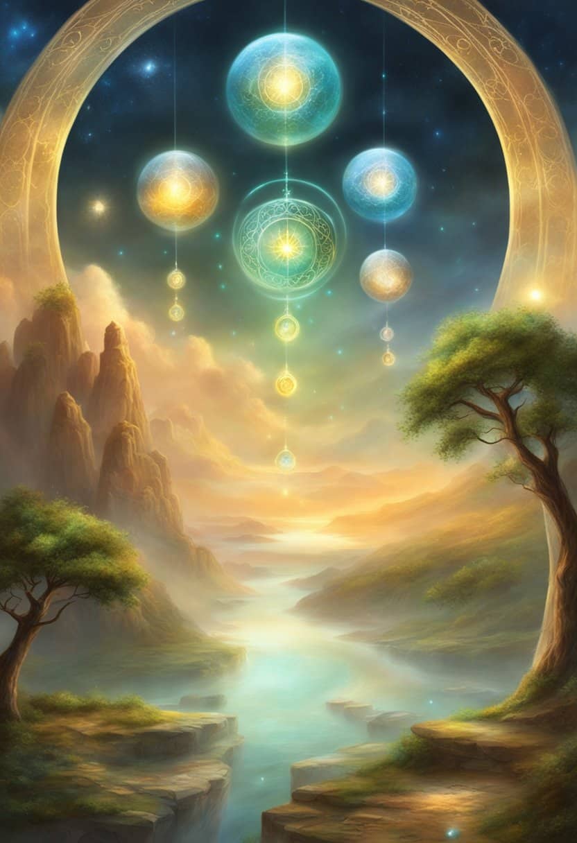 A celestial landscape with three radiant orbs representing the numbers 3, 4, and 5, surrounded by a serene and ethereal atmosphere