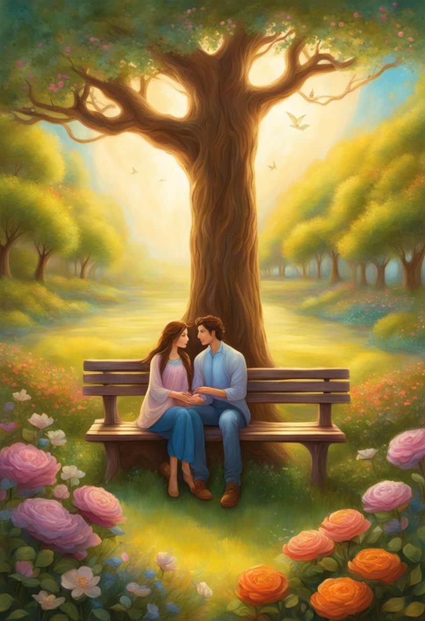 A couple sits on a park bench, surrounded by intertwining paths and blooming flowers. The number 323 is subtly etched into the bark of a nearby tree