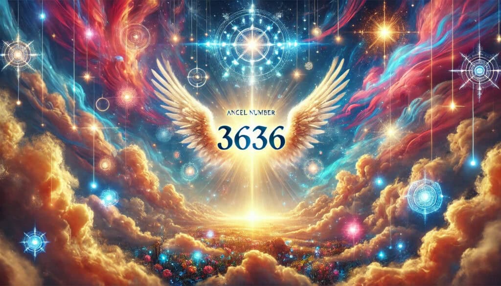 "Angel Number 3636: Encourages You to Have Faith in the Universe," with the number "3636" prominently displayed. The scene is vibrant and uplifting, featuring celestial elements like glowing lights, stars, and ethereal clouds, conveying a sense of faith, guidance, and spiritual growth.