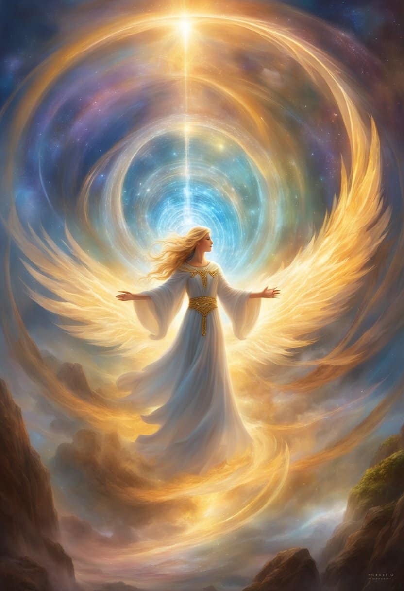 A glowing angelic figure hovers above a swirling vortex, surrounded by the numbers 5, 2, and 0. Rays of light emanate from the figure, illuminating the scene