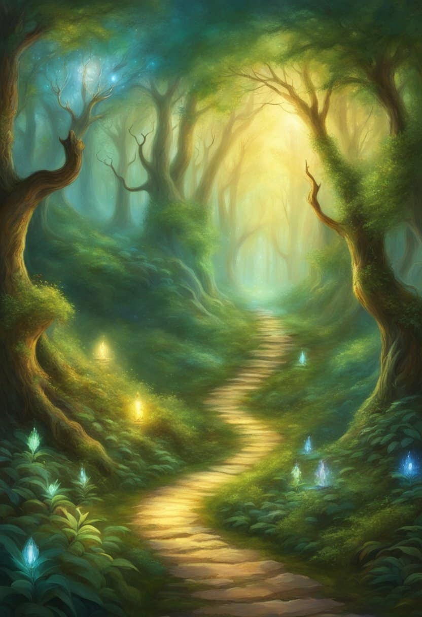 A serene forest with a winding path leading towards a glowing light, surrounded by angelic figures and symbols of spiritual guidance