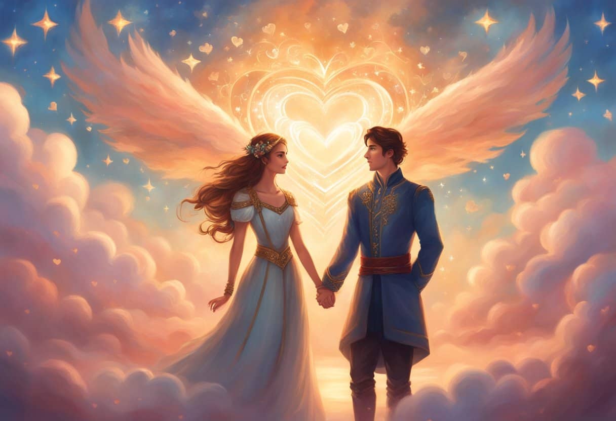 A couple stands beneath a sky filled with four sets of four stars, surrounded by four heart-shaped clouds