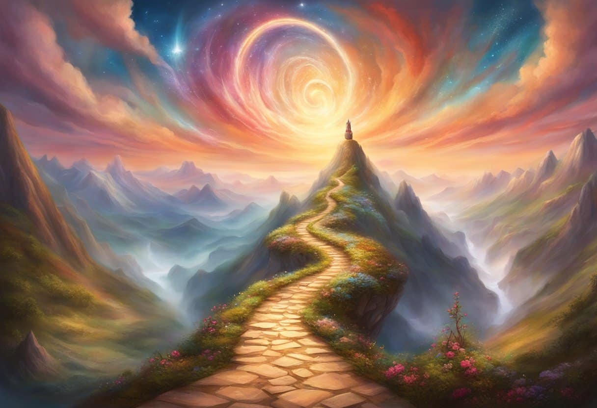 A mountain peak with a winding path leading to the top, surrounded by symbols of growth and strength