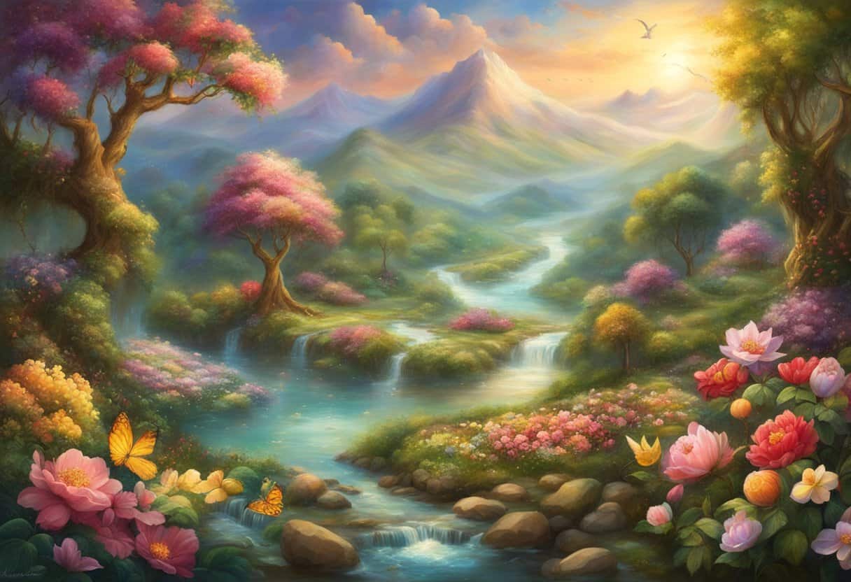 A lush garden with blooming flowers, overflowing fruit trees, and a flowing river, surrounded by golden coins and shimmering jewels