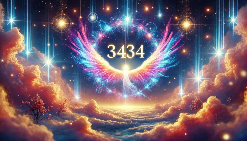 igh-definition, colorful, photo-realistic 16:9 premium quality image designed to be the featured image for a blog post about Angel Number 3434. The image is vibrant and uplifting, featuring celestial elements like glowing lights, stars, and ethereal clouds, with the number "3434" prominently displayed, conveying a sense of faith, guidance, and spiritual growth.