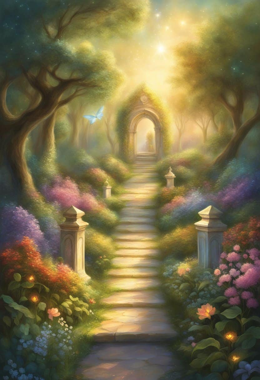 A serene garden with a path leading to a glowing number 234 surrounded by angelic figures and guiding lights