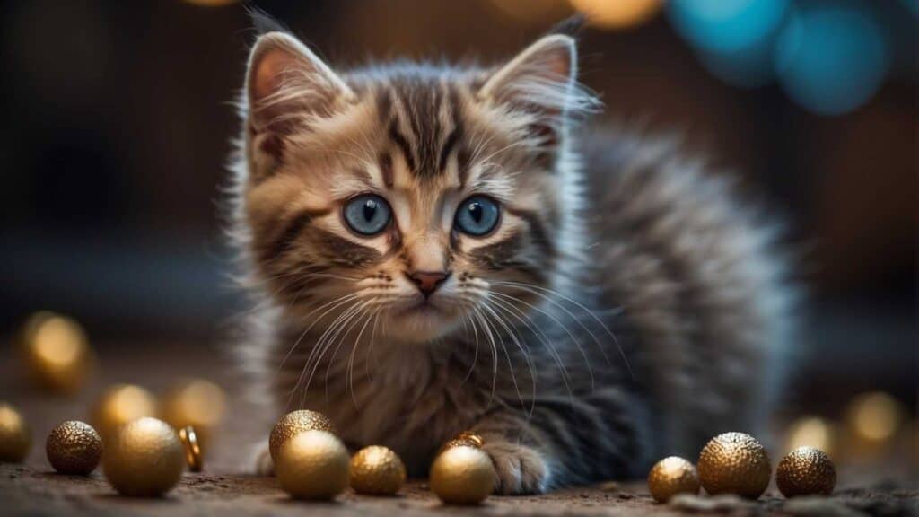 A playful kitten with bright eyes and a fluffy tail, surrounded by symbols of curiosity and adventure