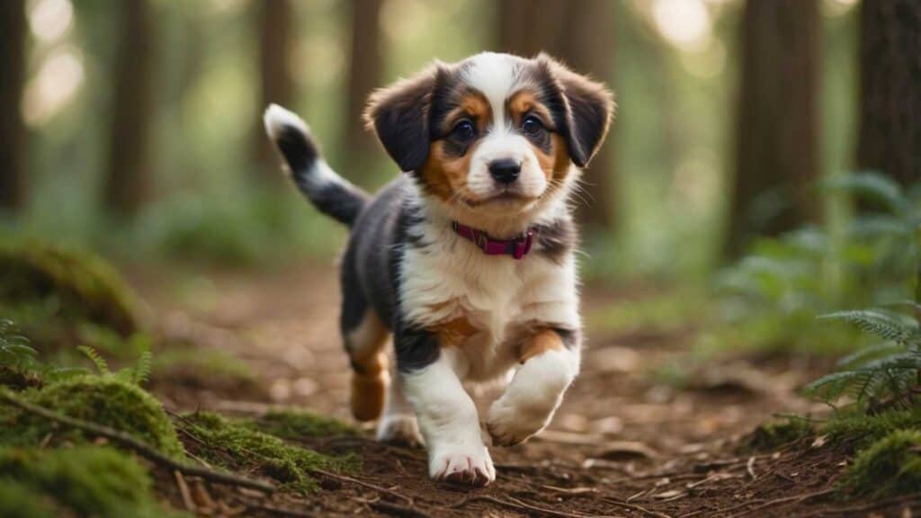 A playful puppy leads a group of children through a forest, acting as their guide and guardian. The puppy's spirit animal meaning is evident in its protective and nurturing behavior towards the children