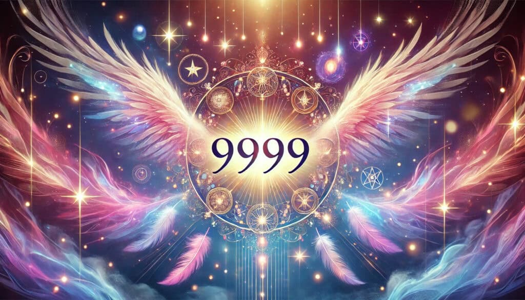  the meaning of angel number 9999. It prominently features the number 9999 in a glowing font, surrounded by ethereal elements like angel wings, sparkles, and soft light beams. The mystical gradient background of blues, purples, and pinks adds a spiritual and enlightening atmosphere, with subtle symbols conveying the divine and cosmic significance of the number.