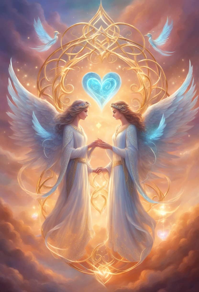 Two intertwined infinity symbols surrounded by glowing hearts and angelic wings