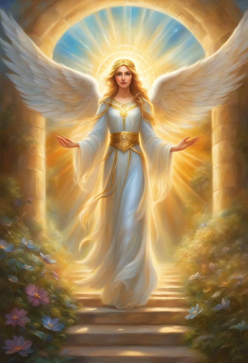 A shining angelic figure hovers over a path, pointing towards a bright future. Symbols of career and opportunities surround the angel, radiating hope and guidance