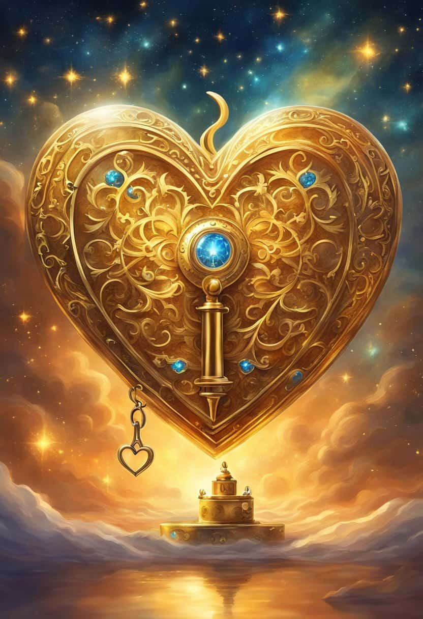 A heart-shaped lock and key floating in a sea of stars, radiating a warm, golden light symbolizing love, relationships, and twin flames