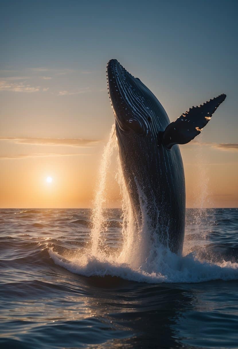 A majestic whale breaches the ocean surface, surrounded by a shimmering aura, symbolizing spiritual guidance and deep wisdom