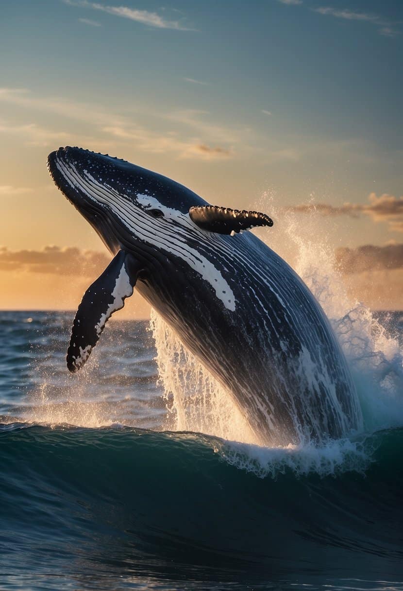 A majestic whale breaches the ocean's surface, surrounded by sparkling waves and a sense of calm and wisdom