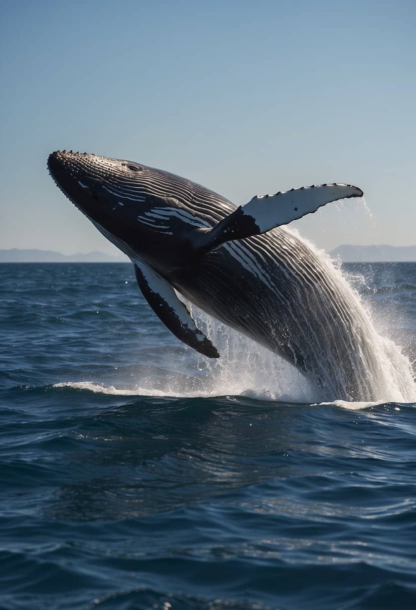 A majestic whale breaches the ocean's surface, its powerful presence exuding wisdom and tranquility. The surrounding sea is calm, with gentle waves reflecting the peaceful energy of the whale spirit animal