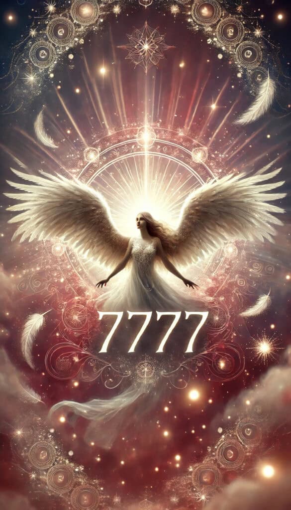 the meaning of angel number 7777. The number 7777 is clearly and fully visible, surrounded by ethereal elements like detailed angel wings, sparkles, and soft light beams. The background features a mystical gradient with shades of red, conveying spirituality and enlightenment.