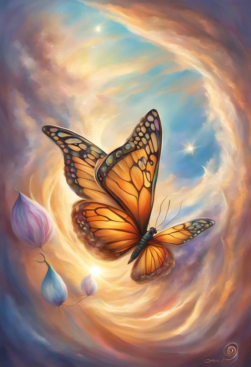 A butterfly emerging from a cocoon, symbolizing transformation and growth. The number 9999 appears in the sky, representing spiritual guidance and support