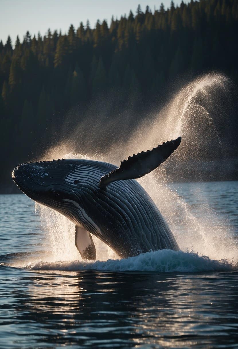 A majestic whale breaches the surface, surrounded by a shimmering aura. Its presence exudes strength and wisdom, symbolizing personal and spiritual growth