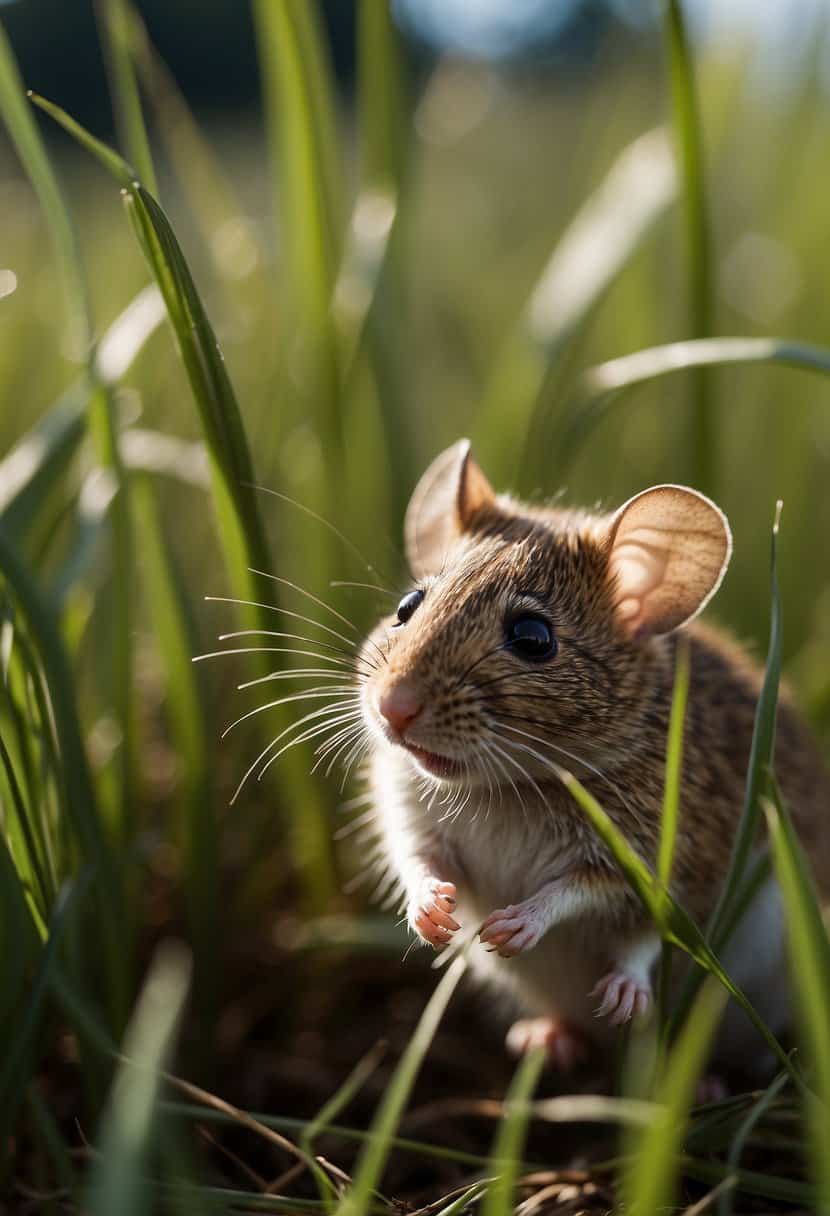 A small mouse scurrying through a field of tall grass, its whiskers twitching as it explores its surroundings, symbolizing curiosity and resourcefulness