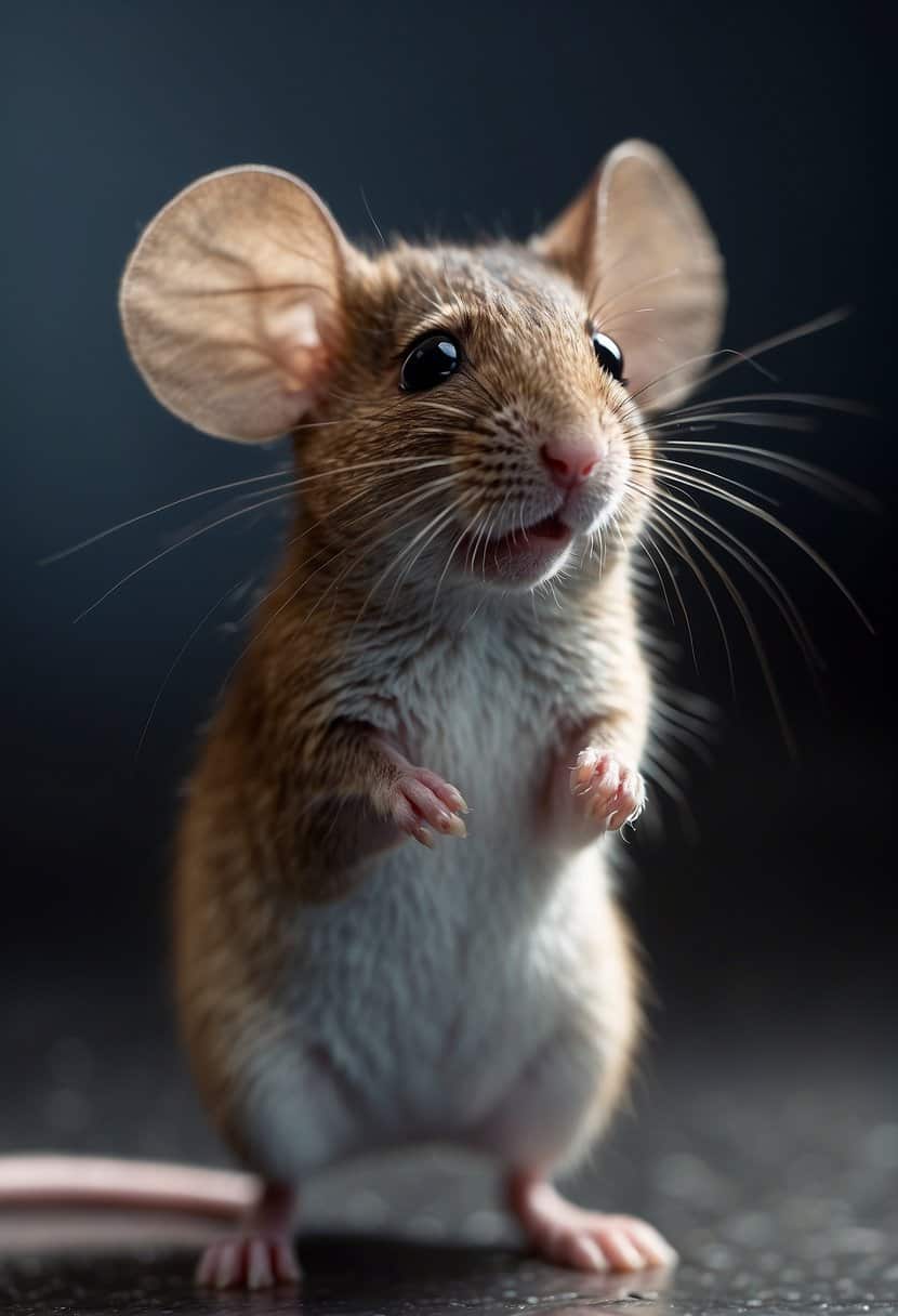 A small mouse stands on hind legs, gazing up with bright, curious eyes. Its whiskers twitch with alertness, and its tail curls gracefully behind it