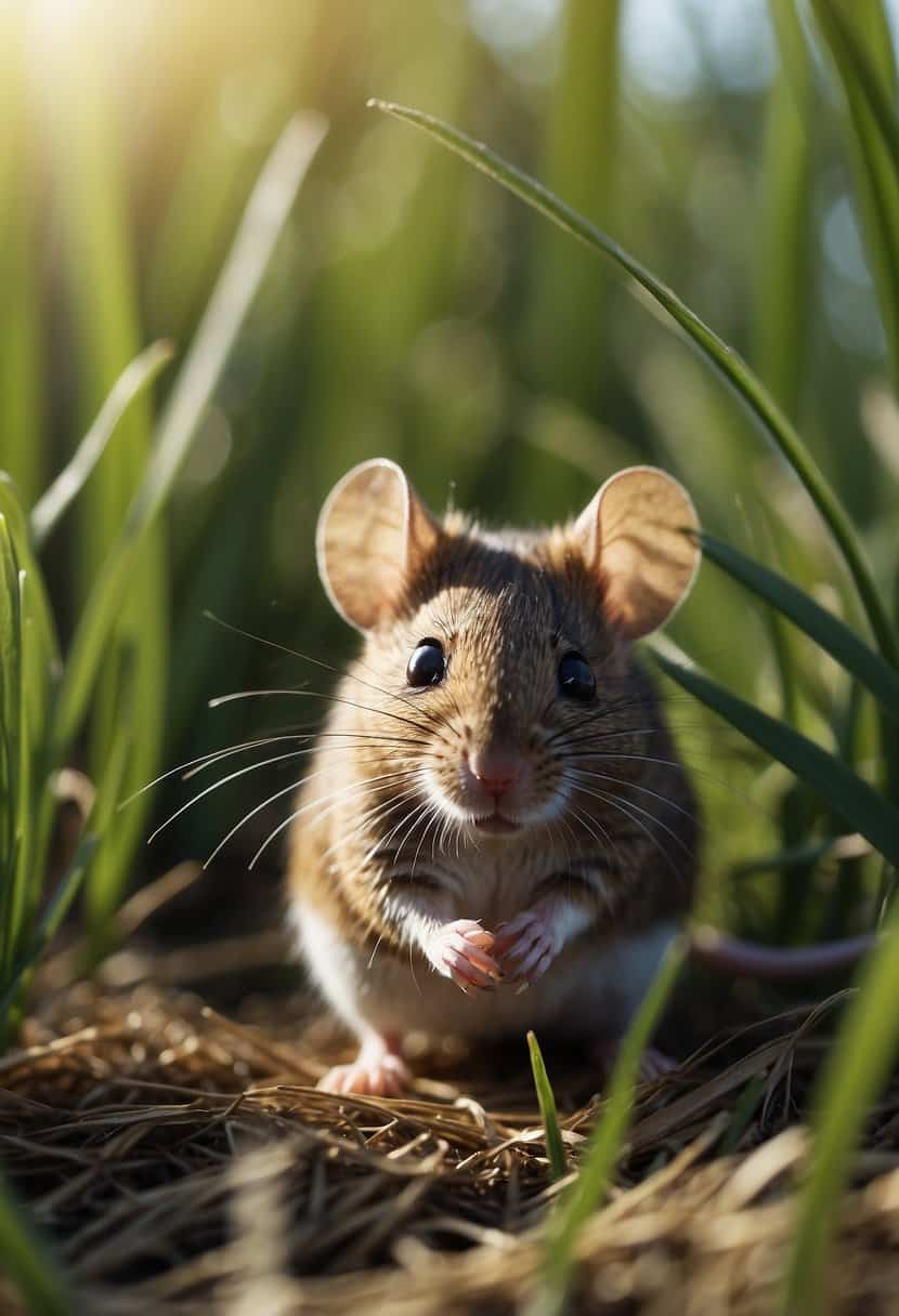 A small mouse scurrying through a field of tall grass, its keen eyes and twitching nose reflecting curiosity and resourcefulness