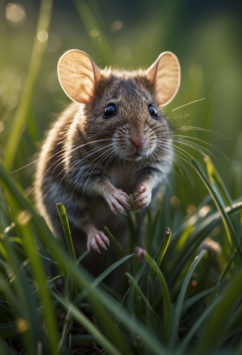 A mouse scurries through a field of tall grass, its keen eyes and twitching nose reflecting its alertness and agility