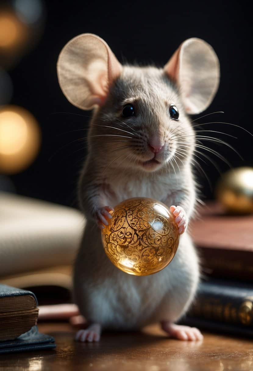 A small mouse standing on hind legs, surrounded by symbols of wisdom and intuition, such as a book and a crystal ball