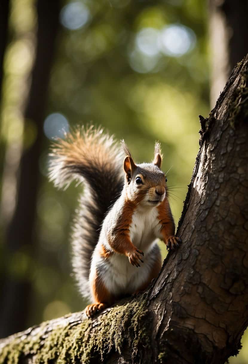 A squirrel perched on a tree branch, its tail curled gracefully. The forest backdrop is serene, with dappled sunlight filtering through the leaves