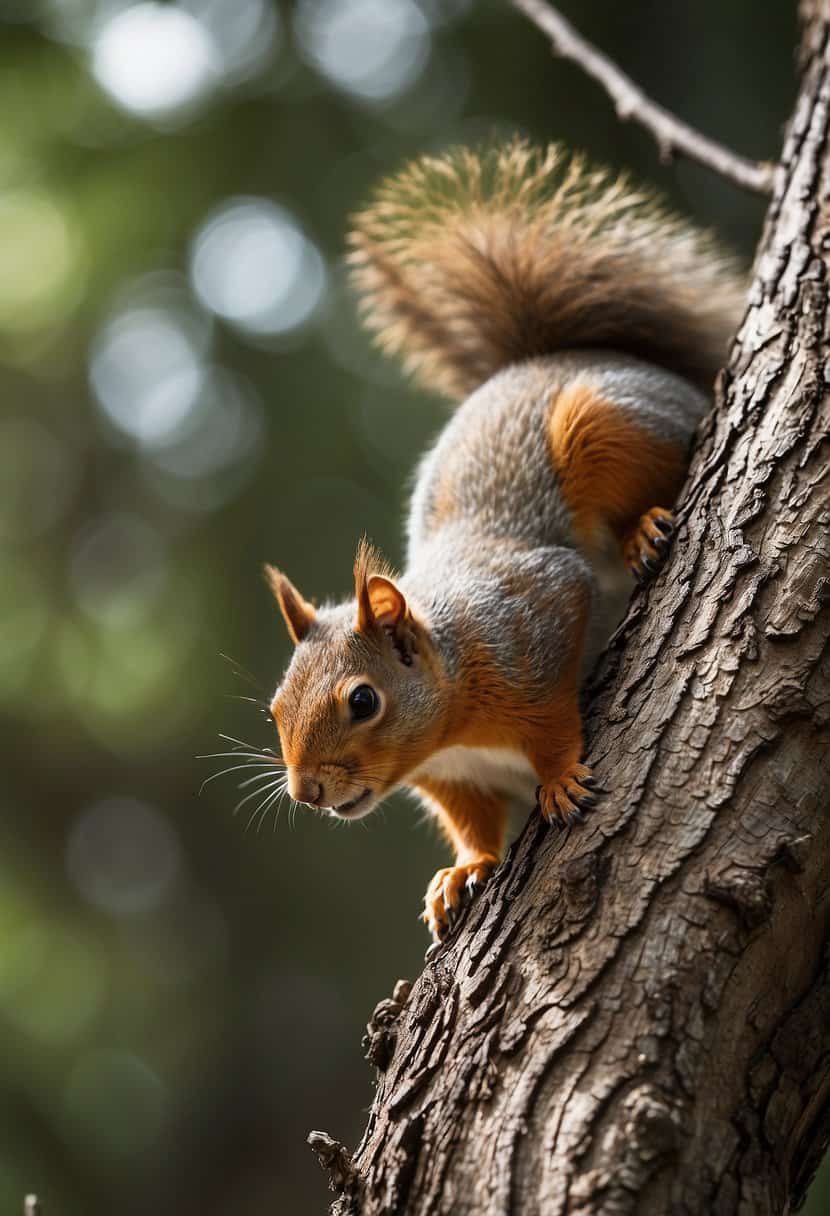 A squirrel perched on a tree branch, its tail curved gracefully behind it, eyes bright and attentive, symbolizing agility and resourcefulness