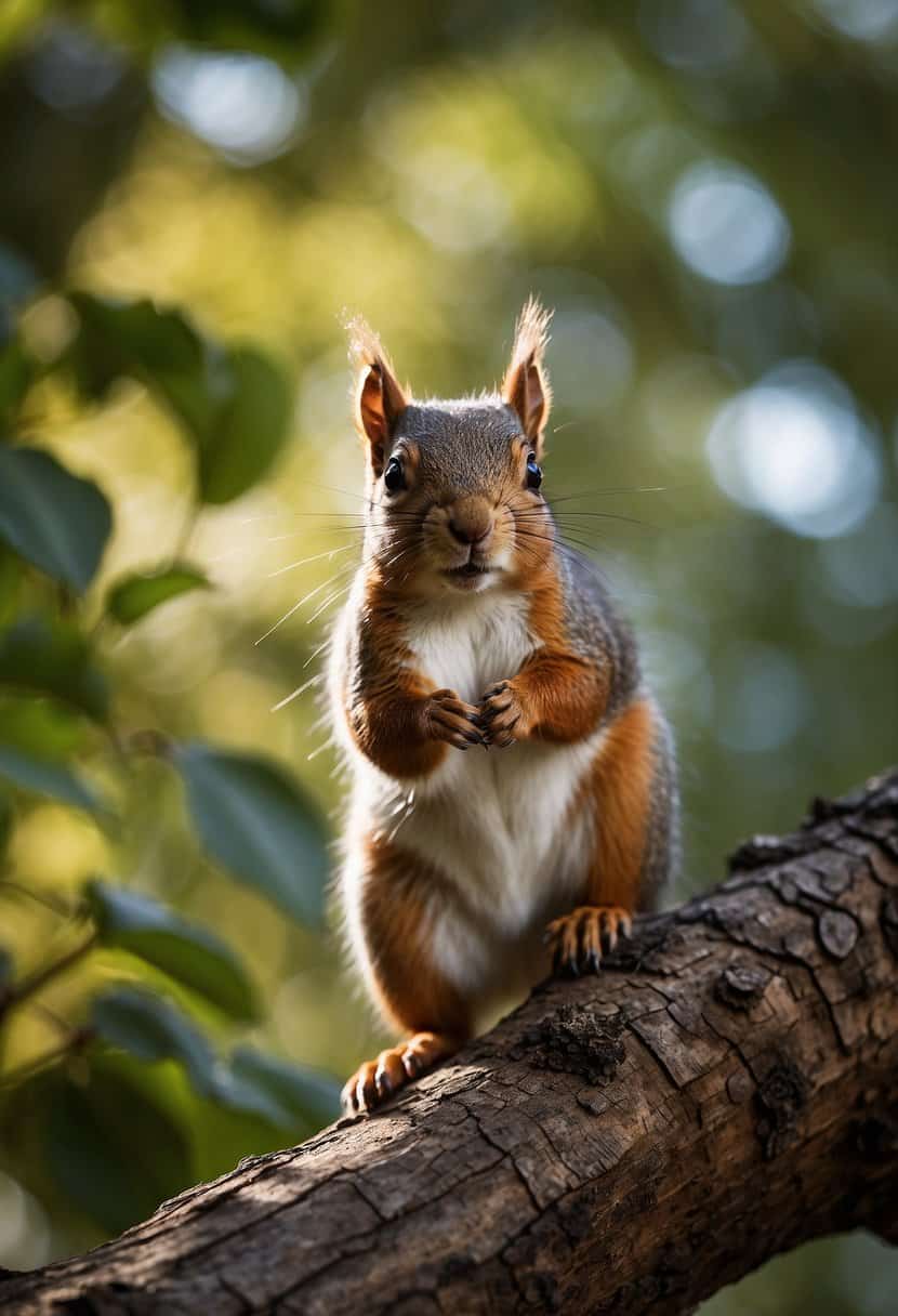 A squirrel perched on a tree branch, surrounded by acorns and leaves, with a glowing aura representing its spiritual significance