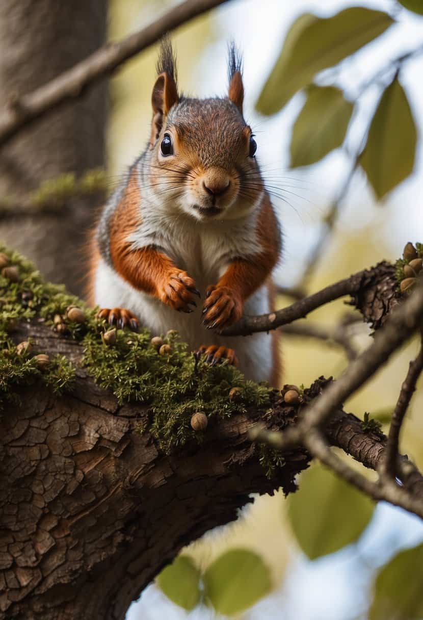 A squirrel perched on a tree branch, surrounded by acorns and leaves, symbolizing personal growth and wisdom