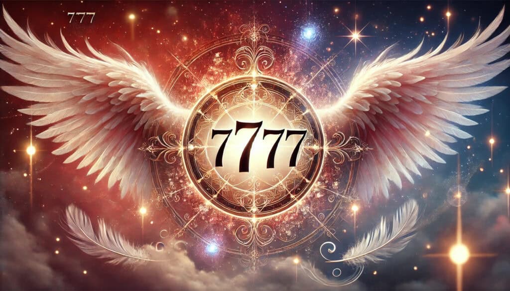 the meaning of angel number 7777. The number 7777 is clearly and fully visible, surrounded by ethereal elements like detailed angel wings, sparkles, and soft light beams. The background features a mystical gradient with shades of red, conveying spirituality and enlightenment.