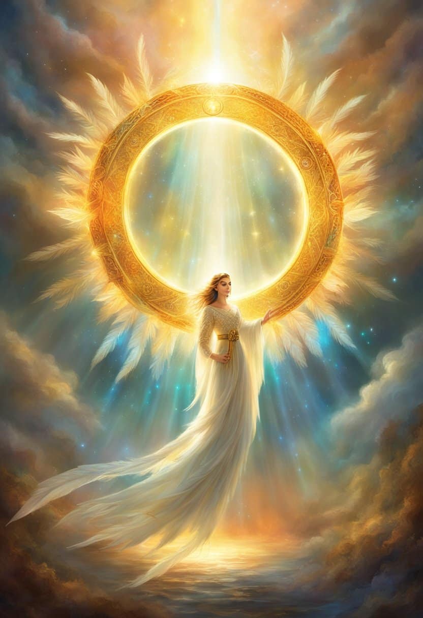 A glowing halo encircles the number "9999" with beams of light radiating outward, surrounded by celestial symbols and feathers