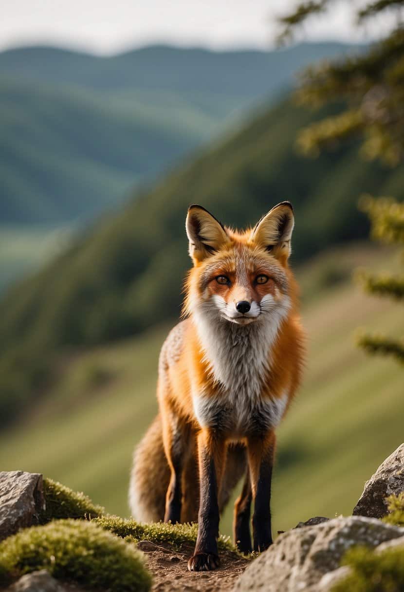 A fox standing proudly on a hill, surrounded by vibrant greenery, symbolizing intelligence and adaptability