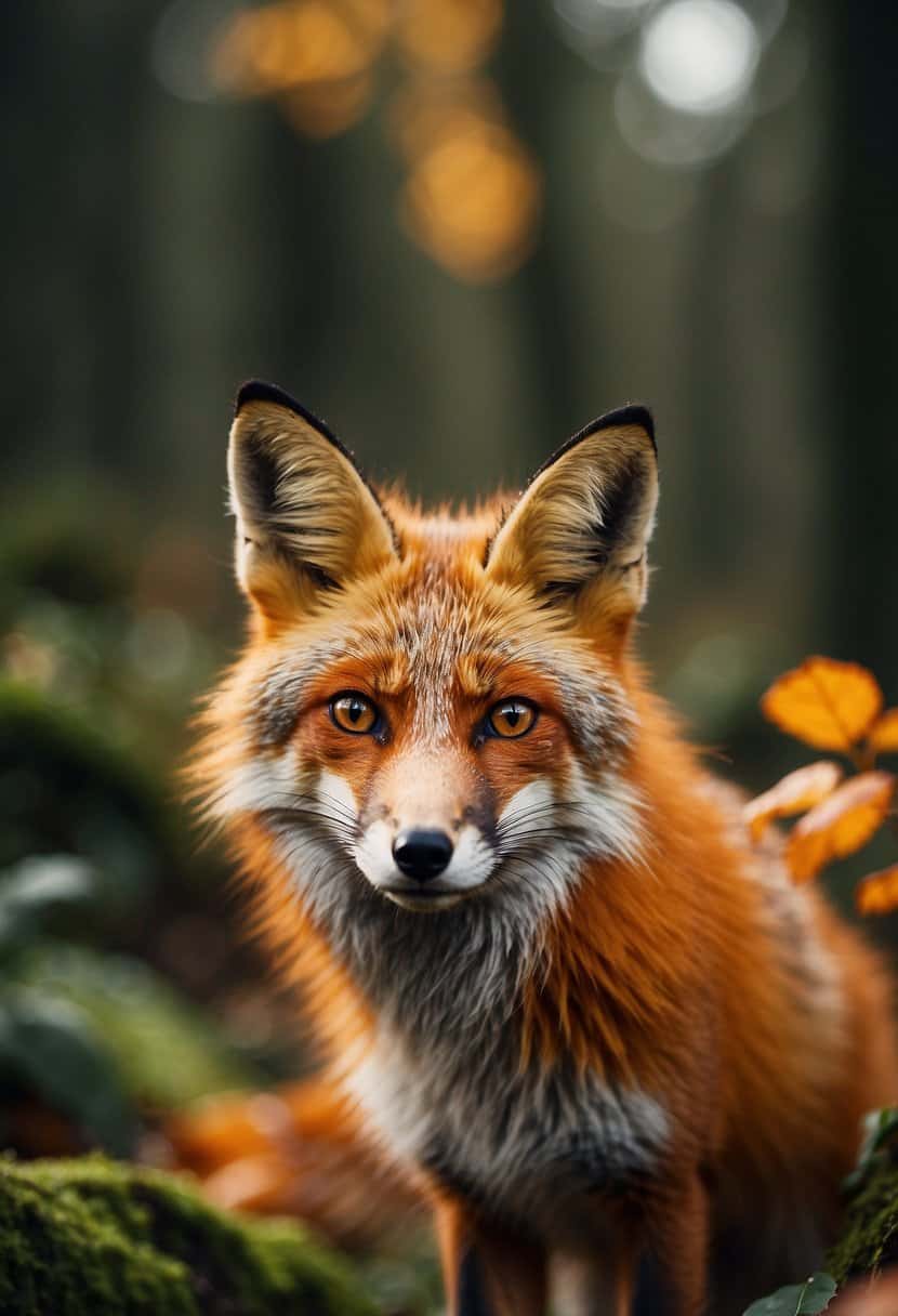 A fox stands proudly in a lush forest, its vibrant orange coat blending with the autumn leaves. Its piercing eyes convey intelligence and cunning, symbolizing adaptability and quick thinking