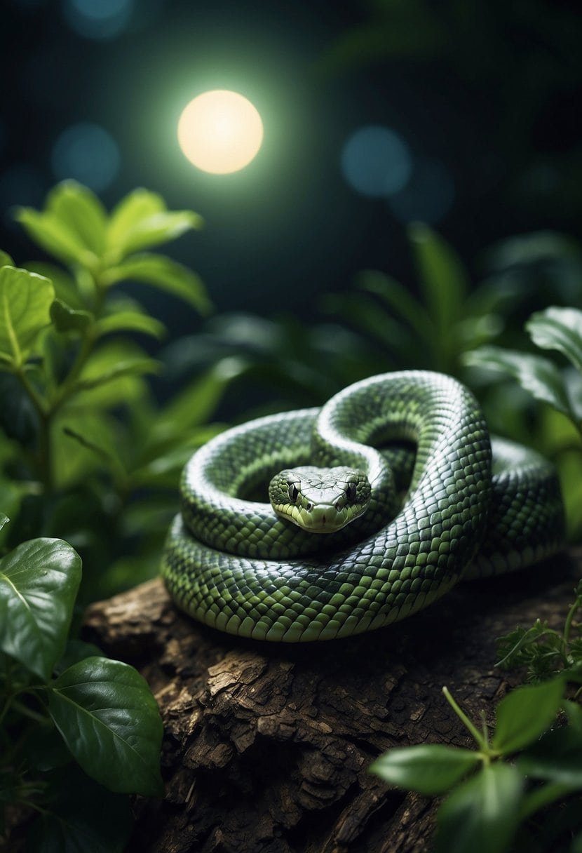 A coiled snake, with scales glistening under the moonlight, emerges from a lush green garden, symbolizing rebirth and transformation